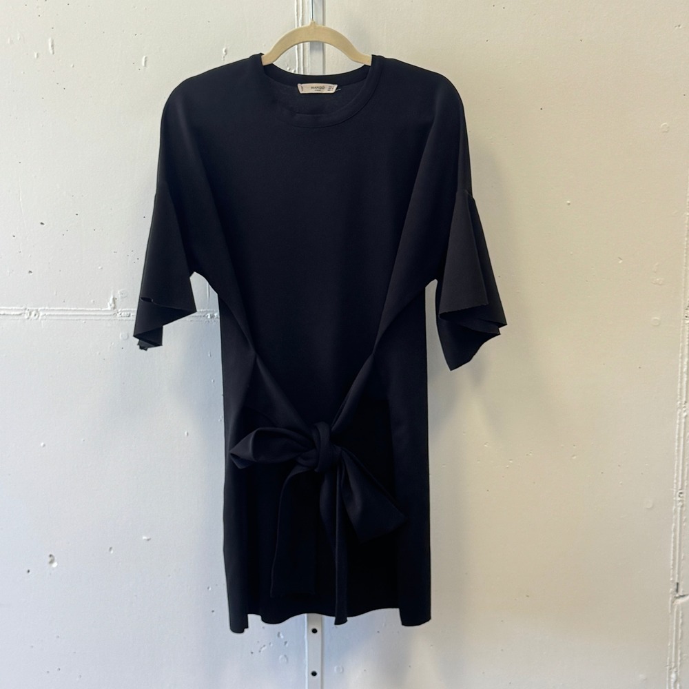 Mango Casual Black Tie Front Bell Sleeve Shift Mini Dress‎ XS Relaxed Fit Office